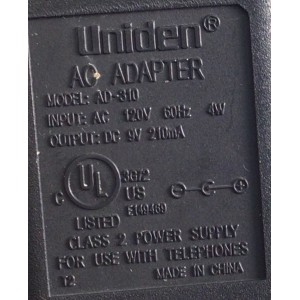 CARGADOR / ADAPTADOR DE FUENTE DE ALIMENTACION UNIDEN / NUMERO DE PARTE AD-310 / E149469 / ENTRADA VCA 120V 60HZ 4W / SALIDA VCD 9V 210MA / MODELO AD-310